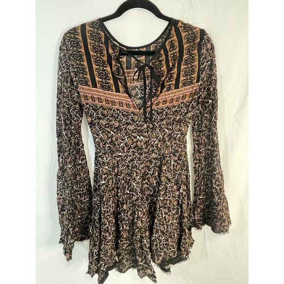 ecote long sleeve shirt blouse boho fringe floral black brown sheer tie READ - Picture 5 of 7